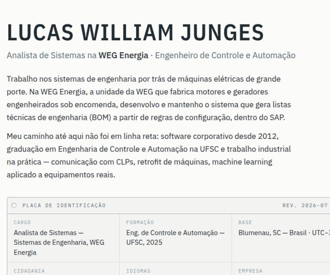 Página de portfólio de Lucas William Junges com a placa de identificação profissional